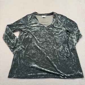 J. Jill Top Women Medium Green Crushed Velvet V-Neck Long Sleeve Tunic Blouse